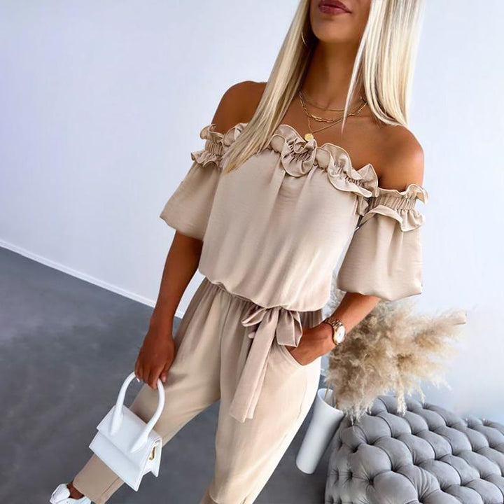 SOPHIA™ – Elegant Off Shoulder Frill Tie-Waist Jumpsuit